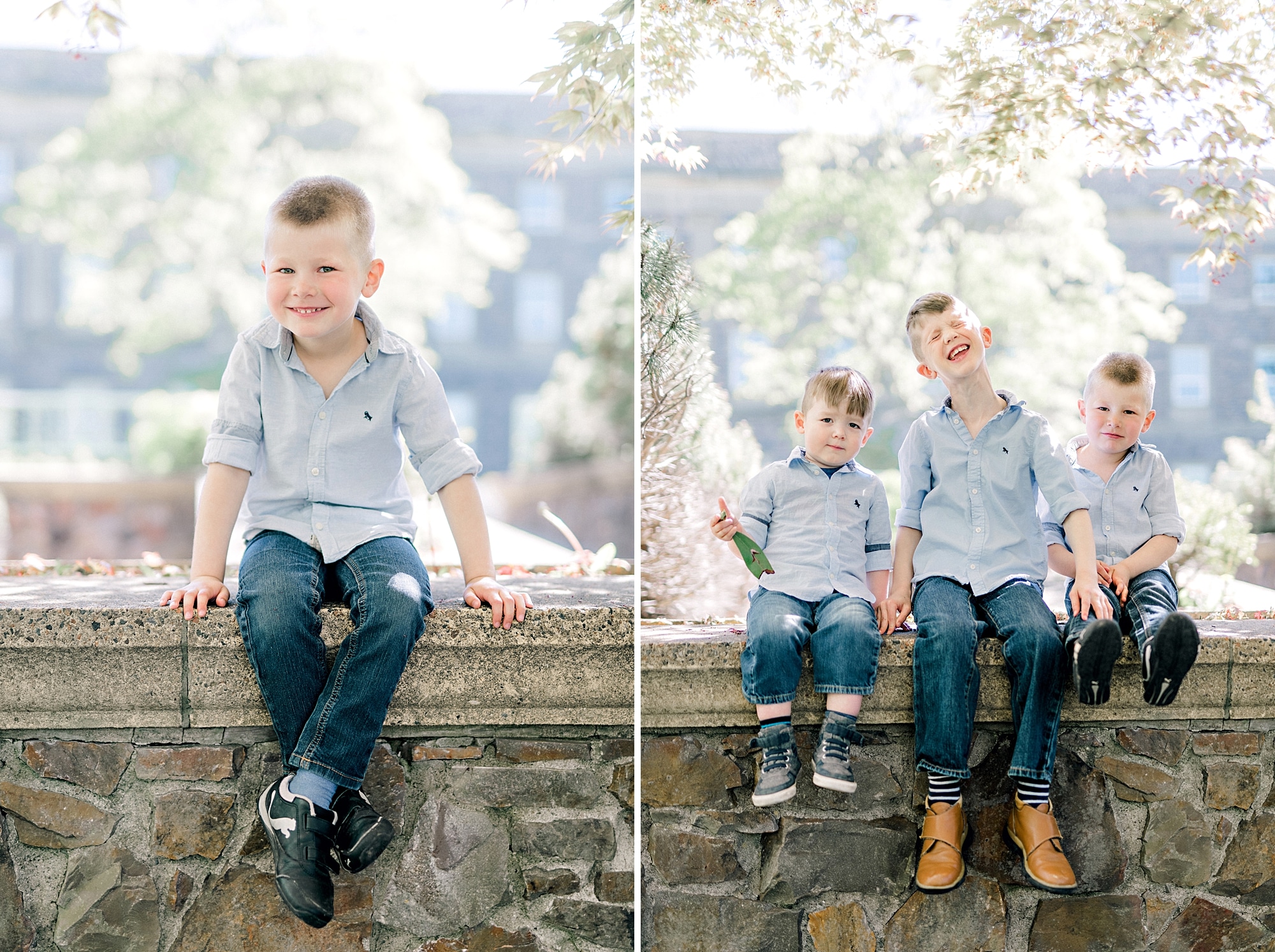 little boys sitting on old stone wall