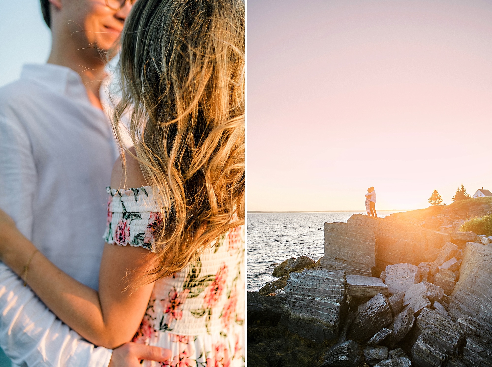 couple on the rocks in the orange glow of the sunset during golden hour magic hour